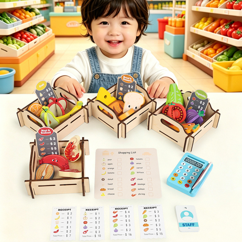 Toy Cash Register - Houten supermarkt-speelset, simulatie van fruit en